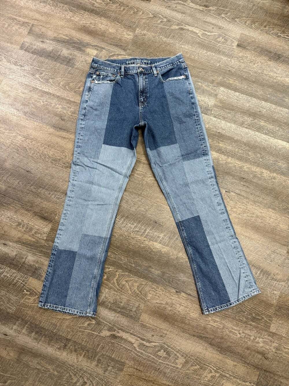 American Eagle "90s Boot Cut Patch Work Blue Denim Jeans Sz: 12 Long Excellent